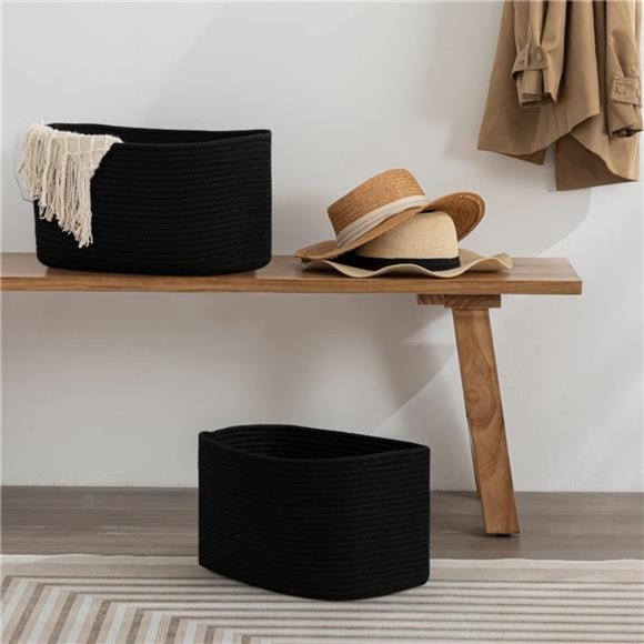 Set of 3 Oval Basket Larger Woven Cotton Rope Cube Storage Basket, 15x10x9'' - Picture 5 of 6